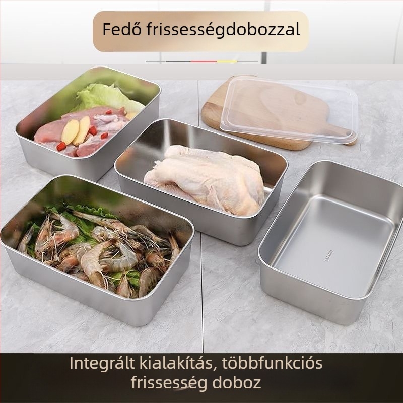 Rozsdamentes acél négyszögletes tál fedővel, pároláshoz és sütéshez, tál törölközőknek, átlátszó fedél, sokoldalú
