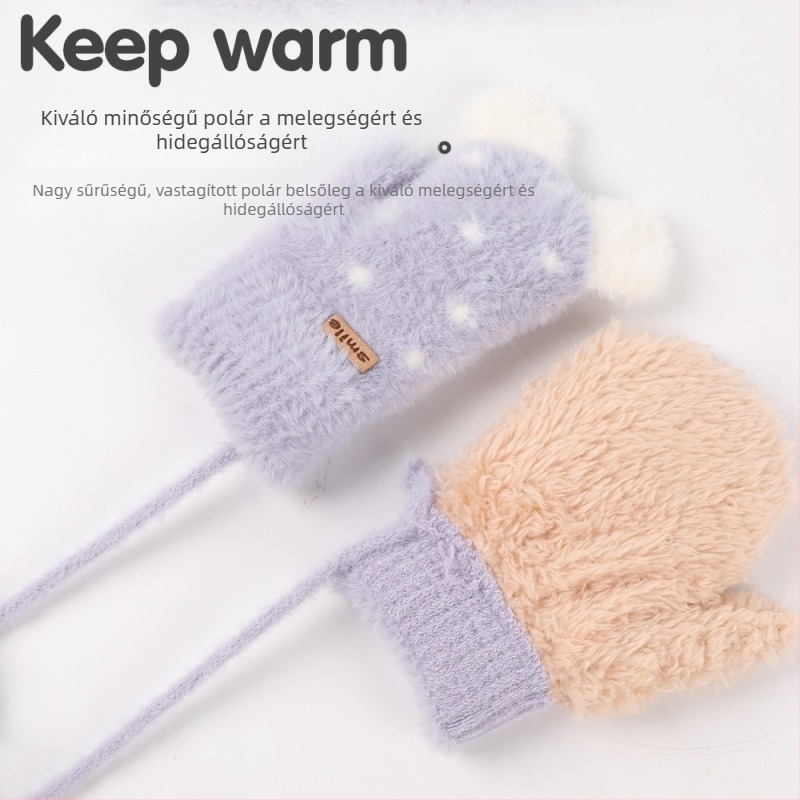 Teljes ujjas téli gyerek kesztyű fleece bélés, szélvédett, pöttyös mintával, aranyos stílus, 2–5 éveseknek