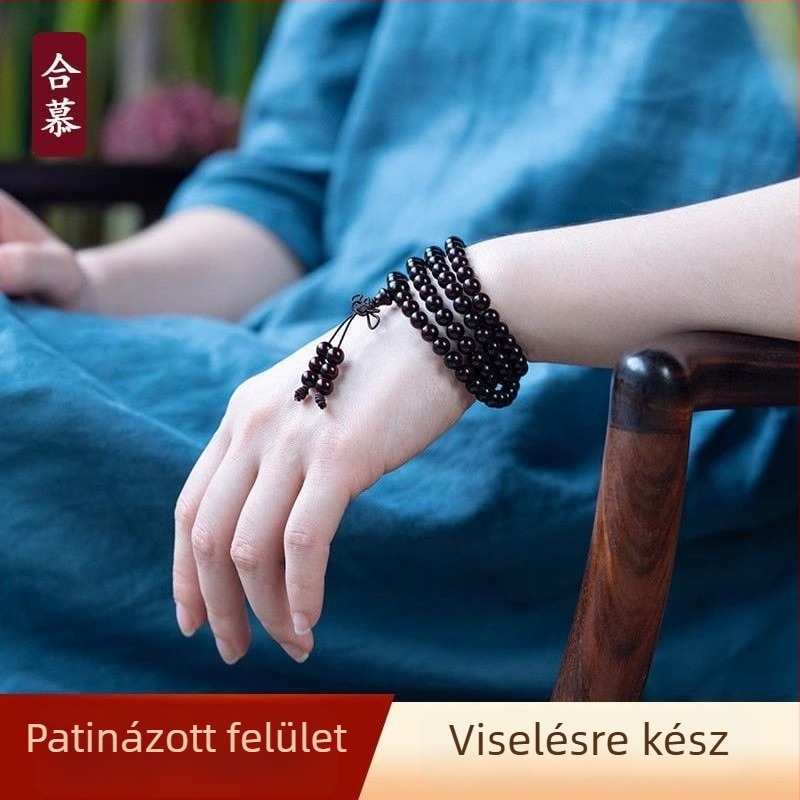 Hemu rózsafa 108 gyöngyös karkötő, polírozott felület, modern minimalista stílus, uniszex, márka Hemu