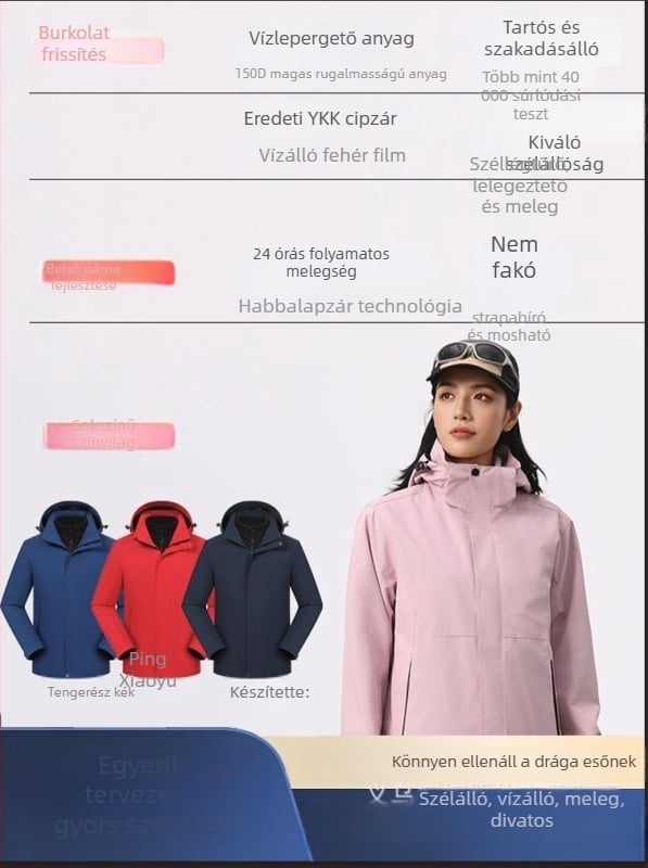 Három az egyben kabát leválasztható kapucnival és logónyomtatással, poliészter anyag, áll-nyak, zipzárral, laza szabás