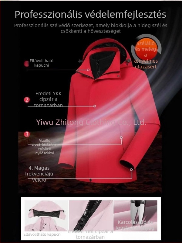 Három az egyben kabát leválasztható kapucnival és logónyomtatással, poliészter anyag, áll-nyak, zipzárral, laza szabás