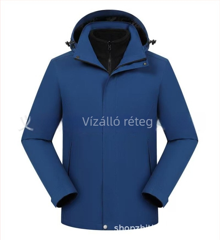 Három az egyben kabát leválasztható kapucnival és logónyomtatással, poliészter anyag, áll-nyak, zipzárral, laza szabás