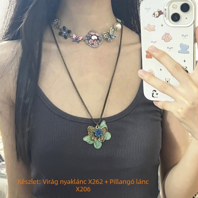 Virág- és pillangómotívumos nyaklánc ötvözetből, gyémántokkal kirakott, golyó lánccal, többszintű