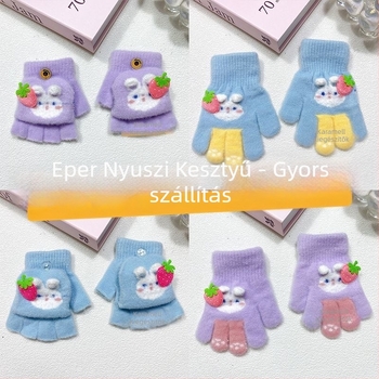 Őszi-téli gyermek kesztyűk, vastag kötésű, ötujjas, nyuszi mintával, fleece béléssel a melegen tartásért