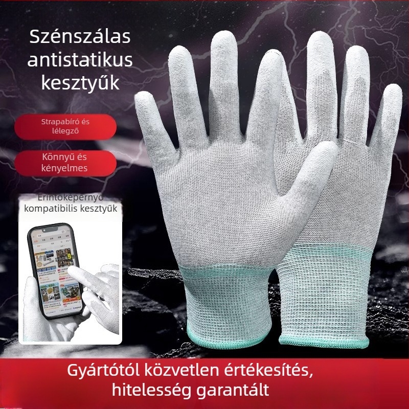 Szénszálas munkakesztyű ujjak és tenyér bevonattal, érintőképernyő-kompatibilis, lélegző, csúszásmentes/antistatkus