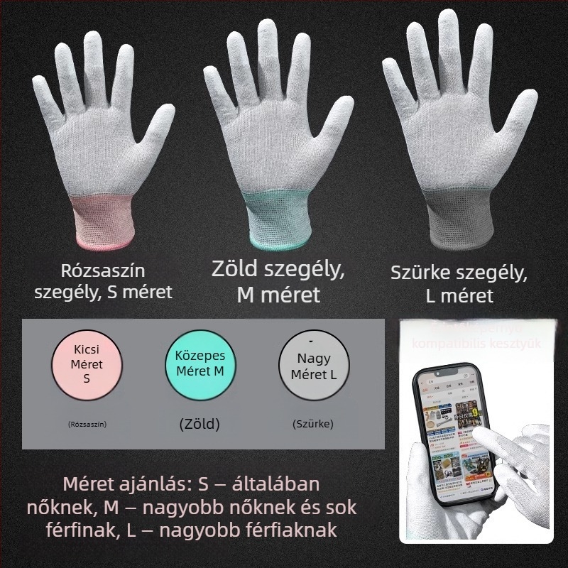 Szénszálas munkakesztyű ujjak és tenyér bevonattal, érintőképernyő-kompatibilis, lélegző, csúszásmentes/antistatkus