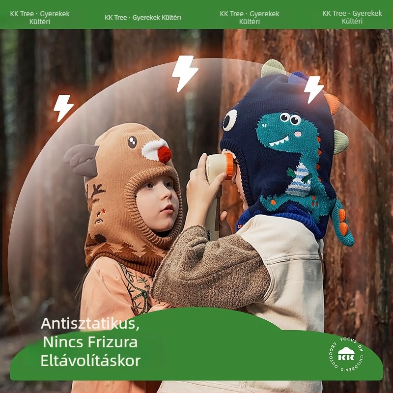 Kocotree Gyerekek Pulóveres Sapka Beépített Dinozauros Sállal – Tél, Gömb alakú Fejtető, 4–6 évesek