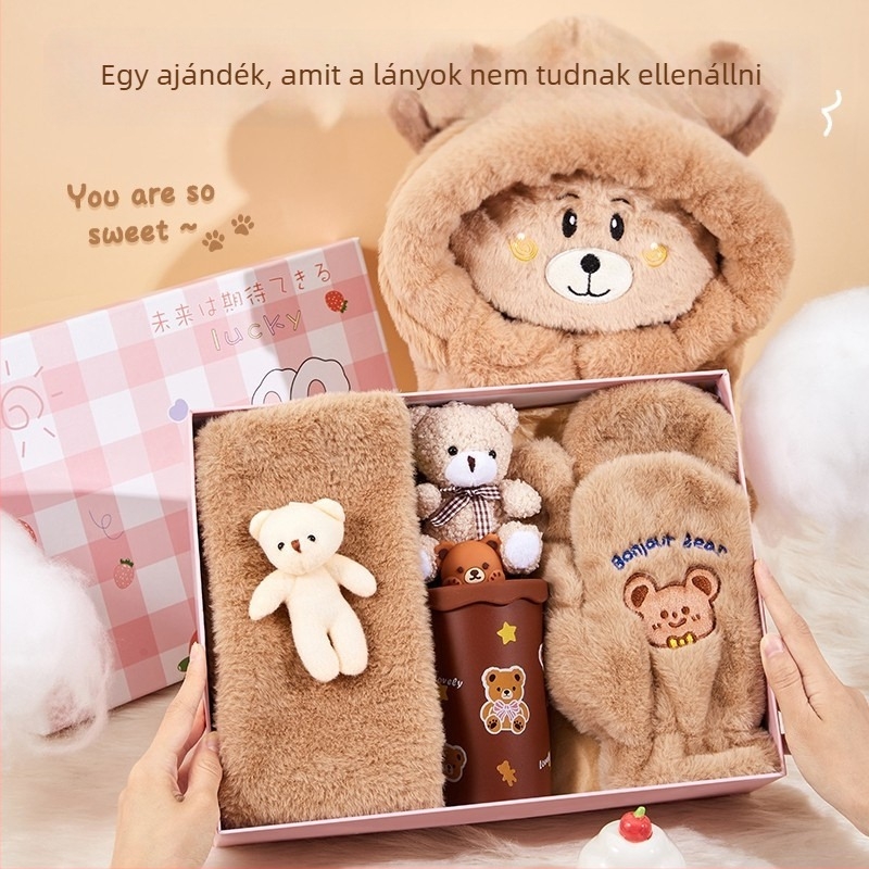 Sál ajándékcsomagban, ajándékdoboztban, őszi-téli, rajzfilm-stílus, üzleti ajándék