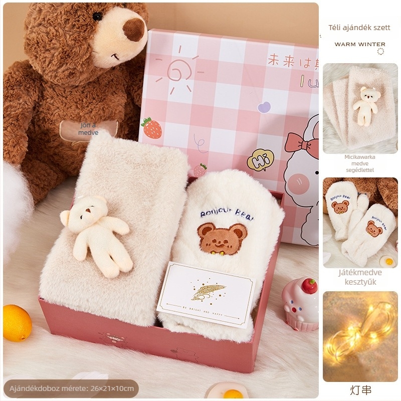 Sál ajándékcsomagban, ajándékdoboztban, őszi-téli, rajzfilm-stílus, üzleti ajándék