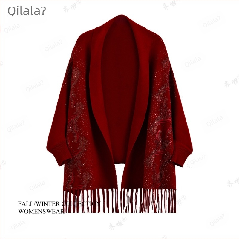 Elegáns női palást virágos hímzéssel, akril/műszálas gyapjú, hosszú szabású, téli–tavaszi–őszre megfelelő, jacquard kötés