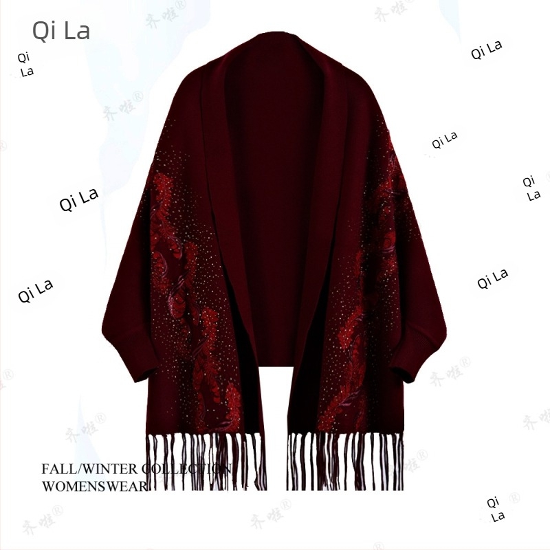 Elegáns női palást virágos hímzéssel, akril/műszálas gyapjú, hosszú szabású, téli–tavaszi–őszre megfelelő, jacquard kötés