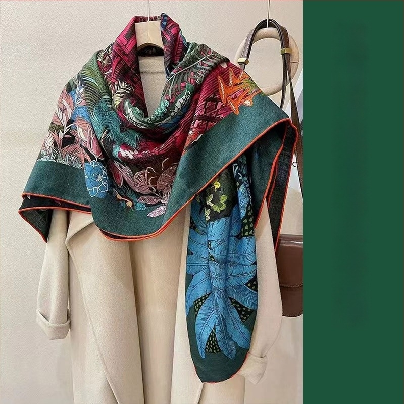 Négyszögletű sál, kétoldalas, selyem–gyapjú keverék, vintage kashew virág minta, twill szövés, Hangzhou eredet