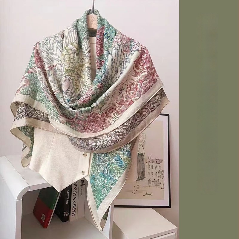 Négyszögletű sál, kétoldalas, selyem–gyapjú keverék, vintage kashew virág minta, twill szövés, Hangzhou eredet