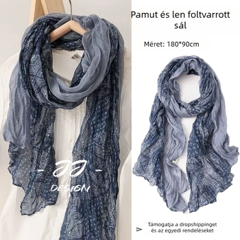 Pamut- és lenanyagú sál, egyszerű szövés, Cashew Flower hímzéssel, gyűrött, ráncolt textúra, tavasz, irodalmi retro stílus