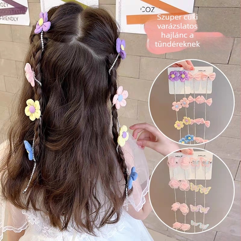 Gyerekeknek való hajdísz gyöngyökkel és fonott lánccal, masnival és bojtokkal (Anyag: kevert anyagok; Stílus: aranyos; Feldolgozás: kézzel szőtt)