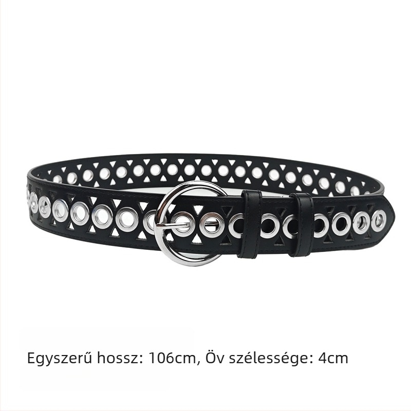 Női punk-stílusú öv műbőrből, ötvözetes csattal, tűcsatos záródással, szélesség 2–4 cm, minden ruhához illik