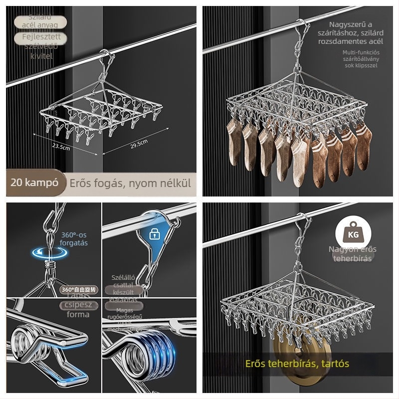 Nemesacél ruhakapocsos akasztó 48 csippel, összecsukható, többklipszes ruhaszárító
