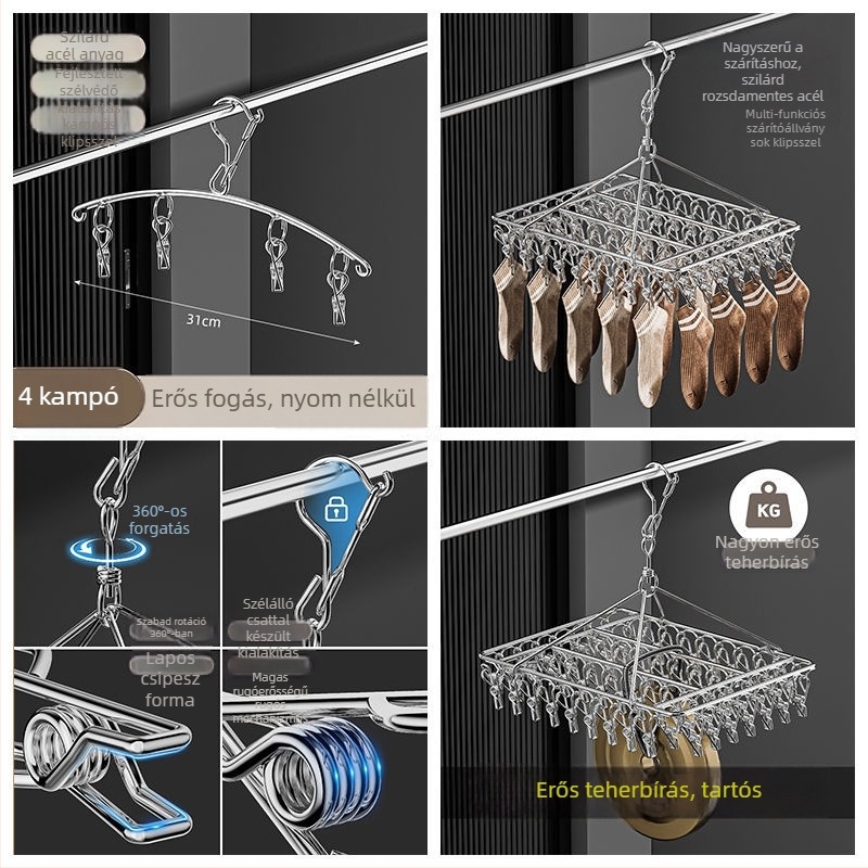 Nemesacél ruhakapocsos akasztó 48 csippel, összecsukható, többklipszes ruhaszárító
