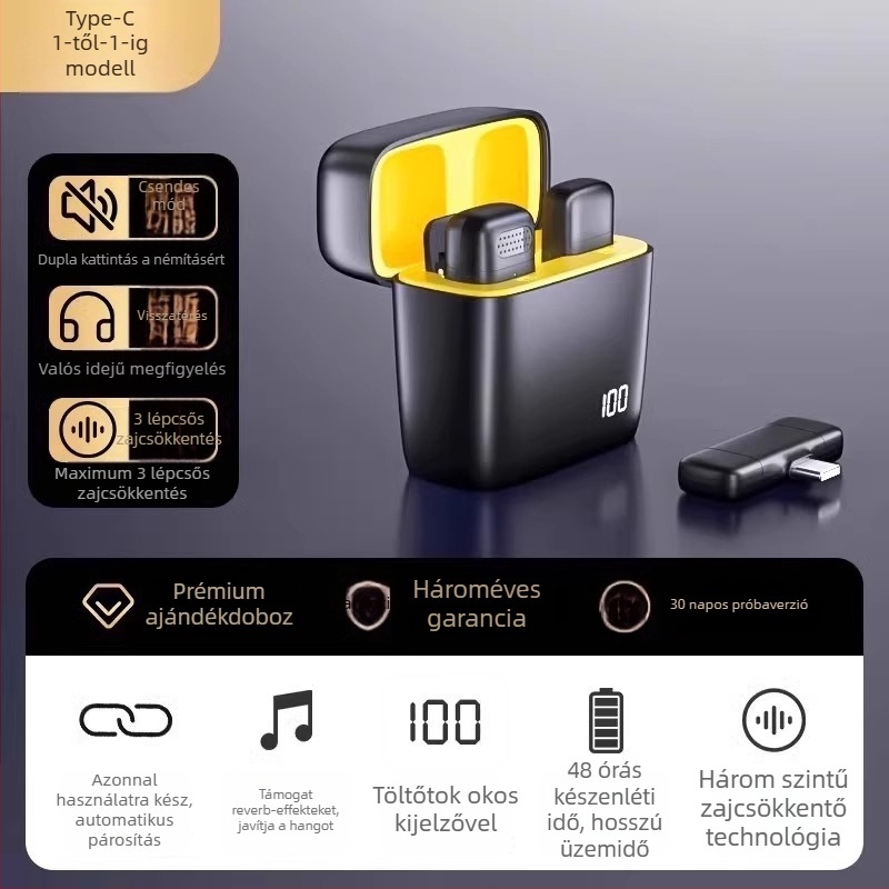 Vezeték nélküli lavalier mikrofon mobiltelefonhoz – klipszes, zajcsökkentés, modell K5-20, irányítható kapcsoló, SNR ≥70 dB, beépített akkumulátor nélkül