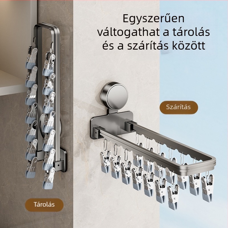 Danle Erkélyre való ruhaszárító vákuumos csészékkel, összecsukható, falra szerelhető, több klippel, modell 115, anyagok: Space aluminum + karbonacél + szilikon + műanyag