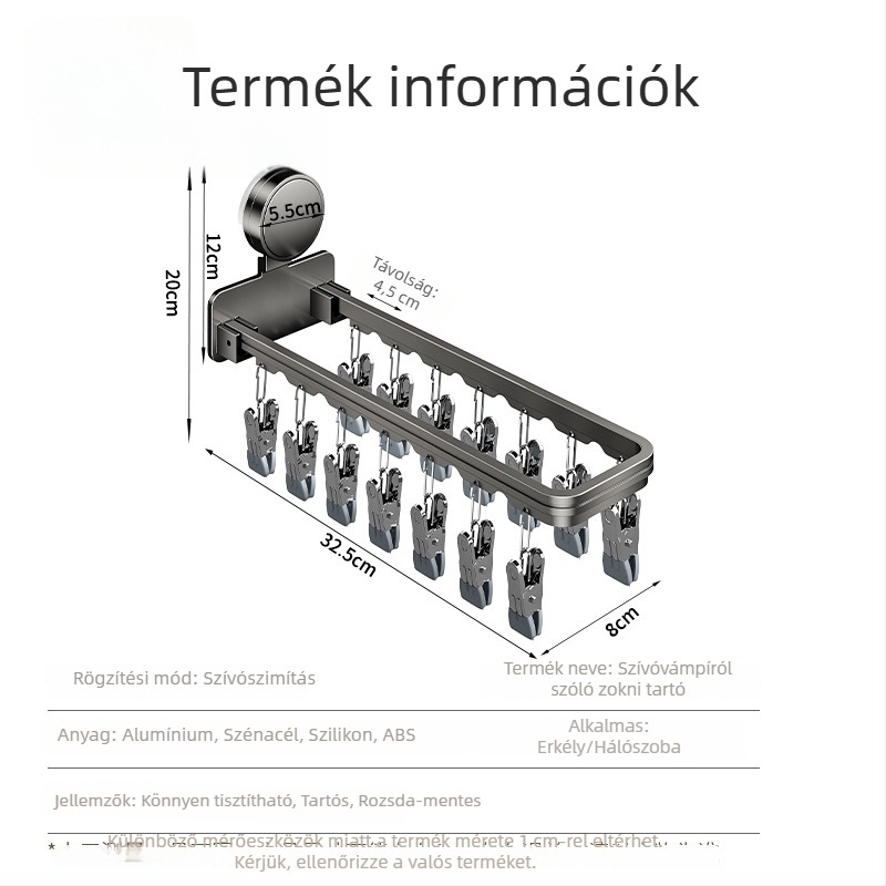 Danle Erkélyre való ruhaszárító vákuumos csészékkel, összecsukható, falra szerelhető, több klippel, modell 115, anyagok: Space aluminum + karbonacél + szilikon + műanyag