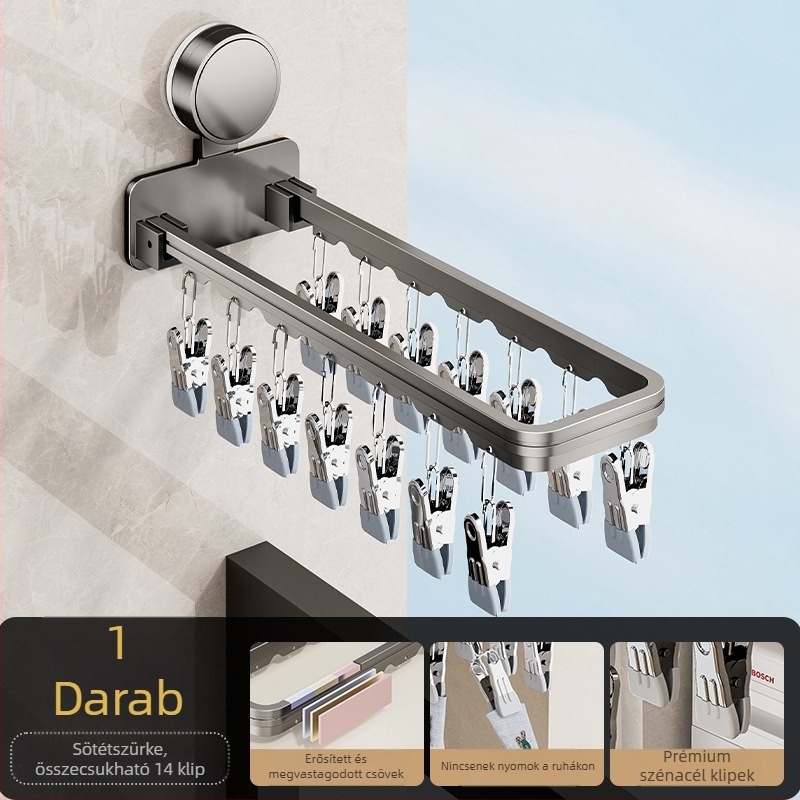 Danle Erkélyre való ruhaszárító vákuumos csészékkel, összecsukható, falra szerelhető, több klippel, modell 115, anyagok: Space aluminum + karbonacél + szilikon + műanyag