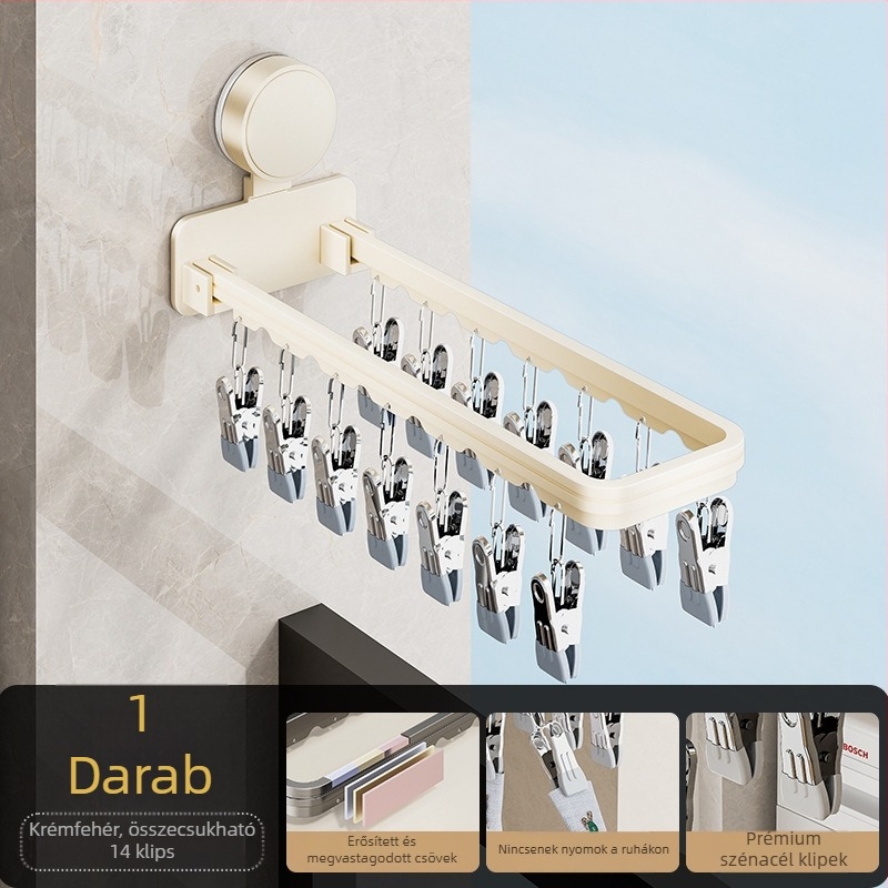 Danle Erkélyre való ruhaszárító vákuumos csészékkel, összecsukható, falra szerelhető, több klippel, modell 115, anyagok: Space aluminum + karbonacél + szilikon + műanyag