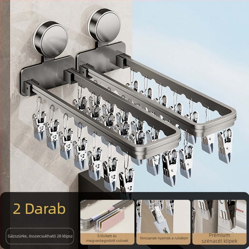 Danle Erkélyre való ruhaszárító vákuumos csészékkel, összecsukható, falra szerelhető, több klippel, modell 115, anyagok: Space aluminum + karbonacél + szilikon + műanyag