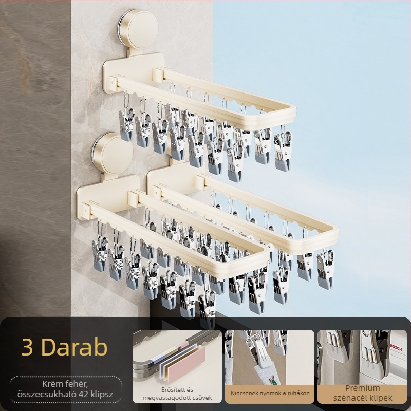 Danle Erkélyre való ruhaszárító vákuumos csészékkel, összecsukható, falra szerelhető, több klippel, modell 115, anyagok: Space aluminum + karbonacél + szilikon + műanyag