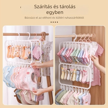 Baba ruhatartó akasztó több klipekkel — műanyag, modell 2619; kétszintes 18 klipekkel és háromszintes 26 klipekkel; alkalmas ruhák, nadrágok és nyakkendők tárolására