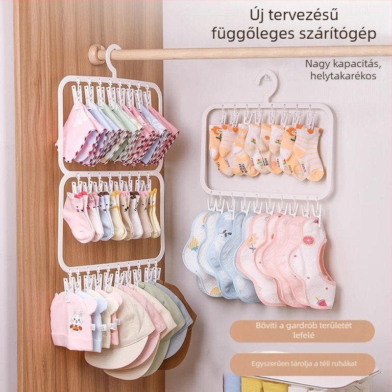 Baba ruhatartó akasztó több klipekkel — műanyag, modell 2619; kétszintes 18 klipekkel és háromszintes 26 klipekkel; alkalmas ruhák, nadrágok és nyakkendők tárolására