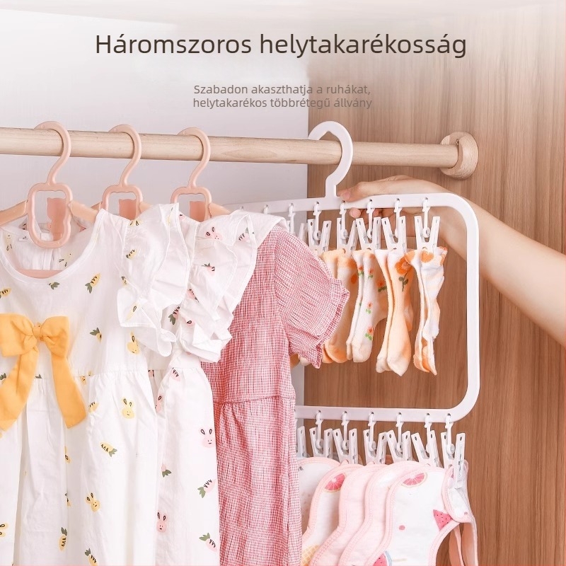 Baba ruhatartó akasztó több klipekkel — műanyag, modell 2619; kétszintes 18 klipekkel és háromszintes 26 klipekkel; alkalmas ruhák, nadrágok és nyakkendők tárolására