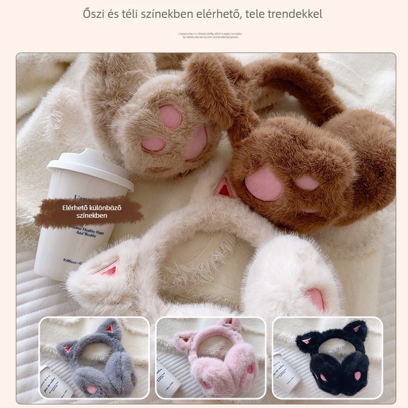 Macska-láb mintás plüss fülmelegítő nőknek — meleg, szélálló, fleece béléses (Anyag: Poliészter; Szezon: téli/ősz; Nem: nő; Minta: egyszínű)