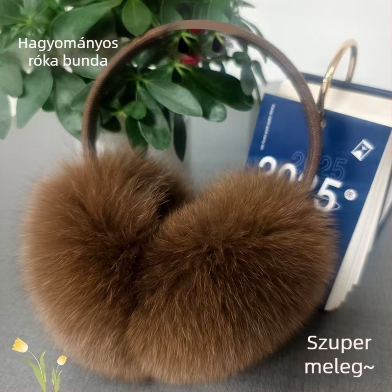 Koreai stílusú valódi rókaszőrös fülvédő, monokróm mintázat, melegen tart, téli–ősz–tavaszi szezonra, alapvető/cuki stílus