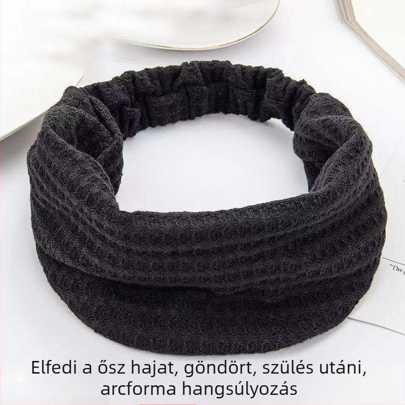 Női kötött, elasztikus hajpánt virágos díszítéssel – hajkiegészítő arctisztításhoz és a haj hullásának megelőzéséhez