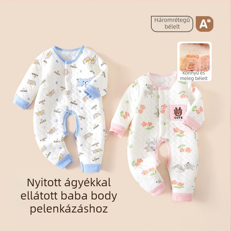 Uniszex vastag pamut baba overál, bélelt, elöl nyitható, téli, hosszú ujjú, 1–3 éveseknek