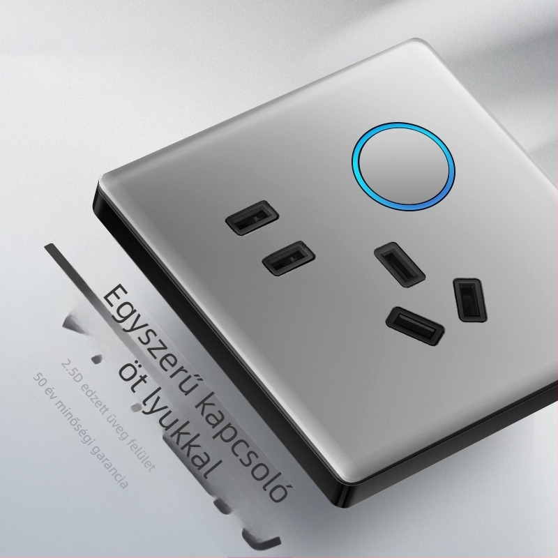 1-gombos rejtett USB aljzat edzett üveggel, típus 86, LED, szerelés 60×60 mm, érintkezők ónfoszfor bronzból