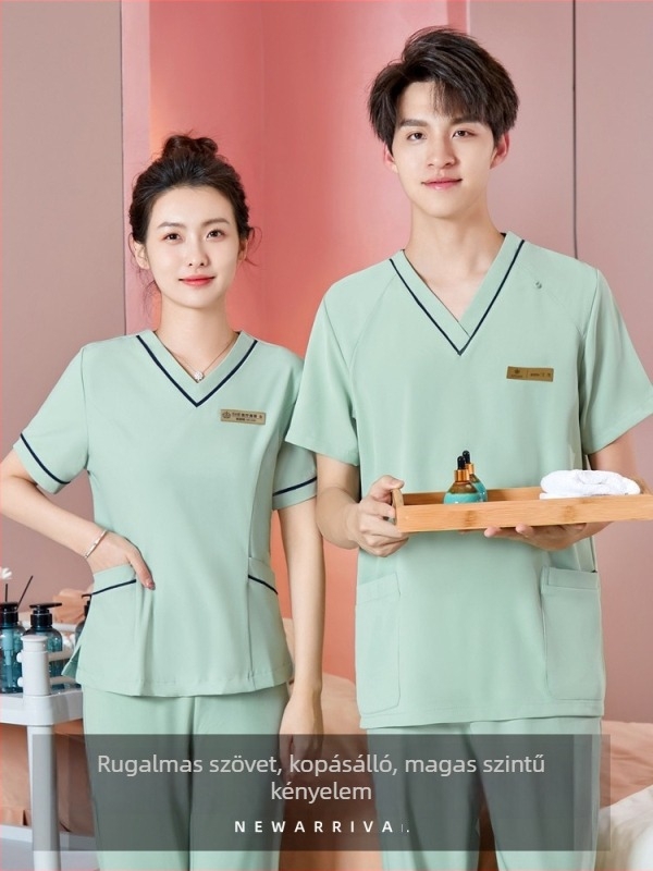 Uniszex munkaruha kozmetikai technikusok számára, sugárvédelmi funkcióval, poliészter-spandex anyag, hosszú ujjú, V-nyakú