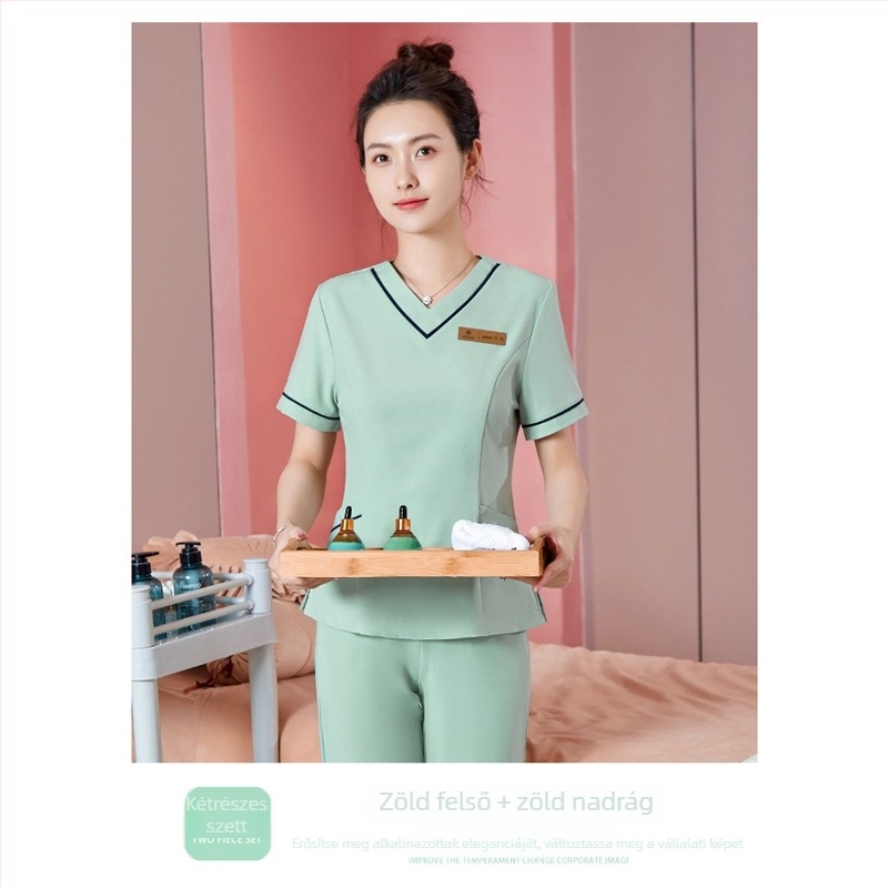 Uniszex munkaruha kozmetikai technikusok számára, sugárvédelmi funkcióval, poliészter-spandex anyag, hosszú ujjú, V-nyakú