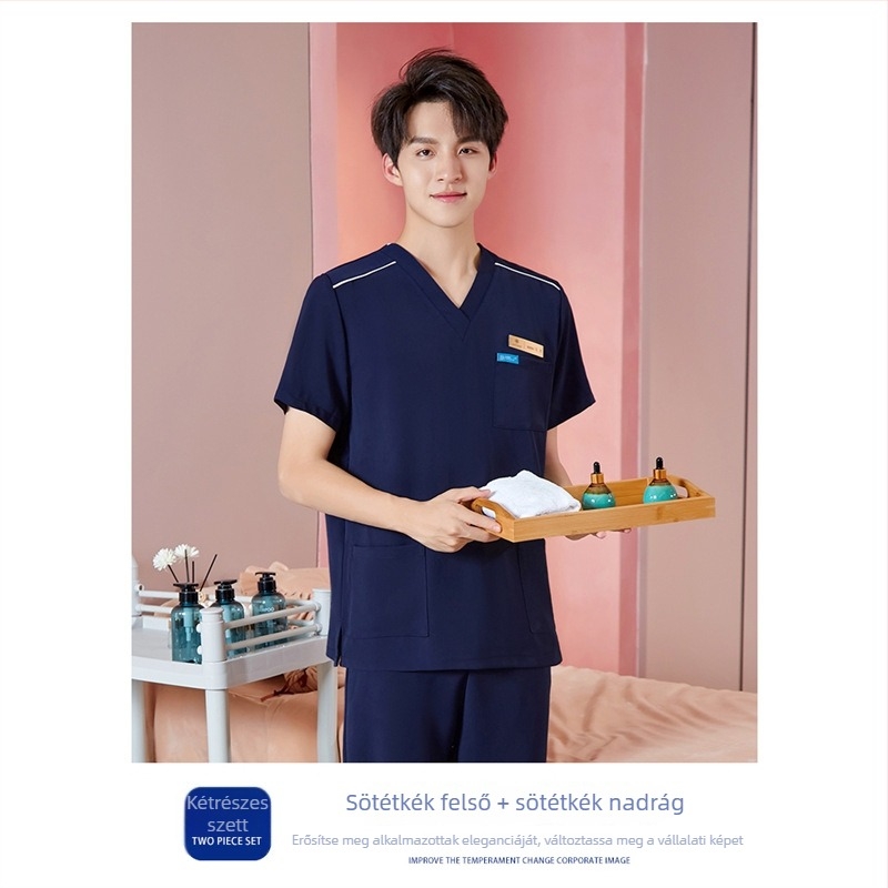 Uniszex munkaruha kozmetikai technikusok számára, sugárvédelmi funkcióval, poliészter-spandex anyag, hosszú ujjú, V-nyakú