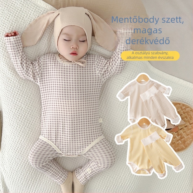 Pamut baba pizsama, hosszú ujjú, uniszex, újszülött 0–12 hónap, ősz–tél, pamut-elasztán, rejtett kapocs zárás