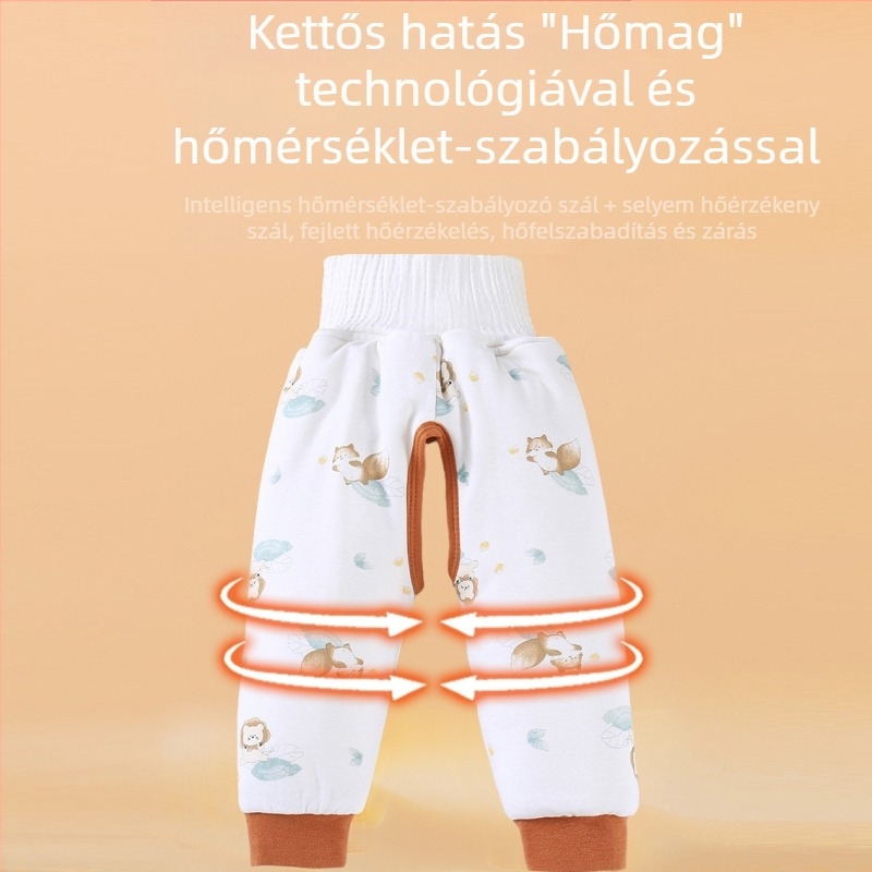 Baba selyem–pamut nadrág nyitott ülepűvel, bélelt téli nadrág, magas derekú