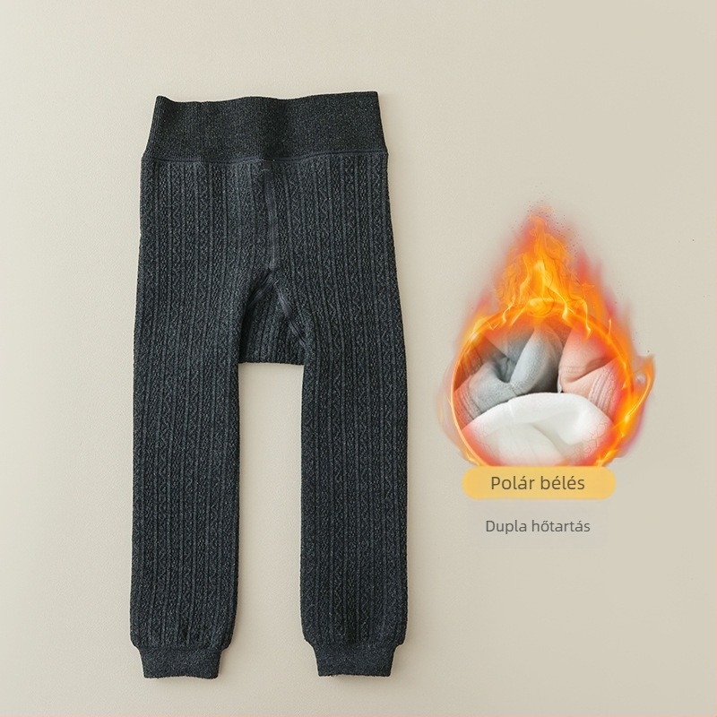 Gyerekek téli fleece bevonattal bélelt leggings, vastag anyagból, 9/10 hosszú, egyszínű pamut