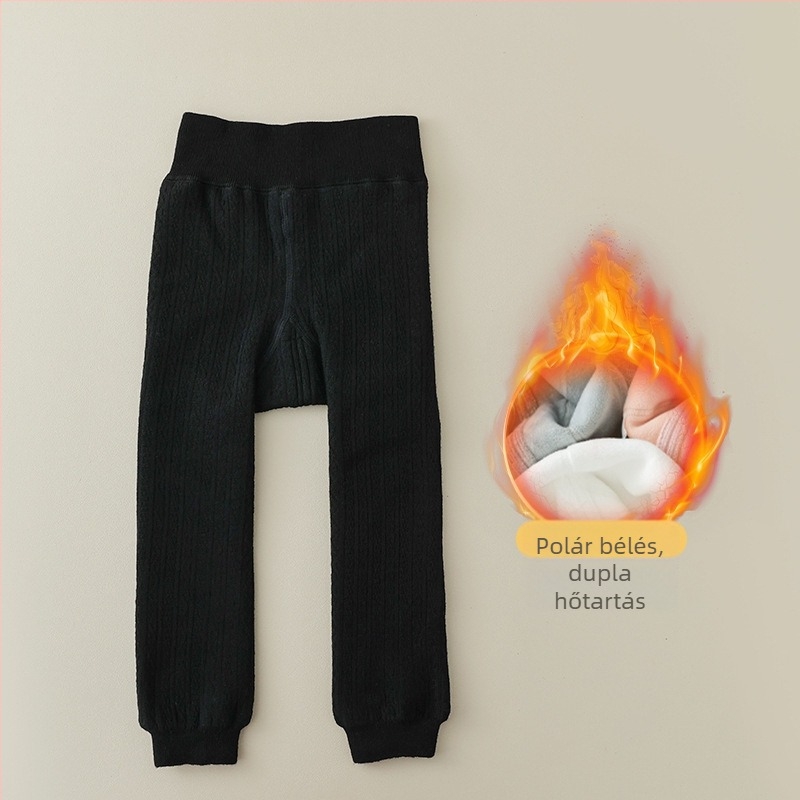 Gyerekek téli fleece bevonattal bélelt leggings, vastag anyagból, 9/10 hosszú, egyszínű pamut