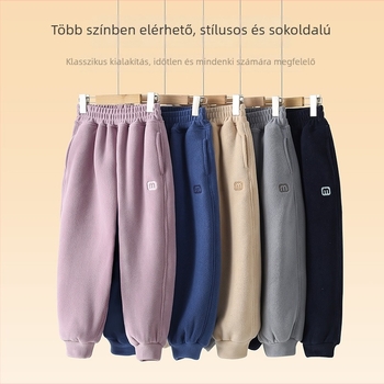Uniszex gyerekek téli fleece-beléssel ellátott nadrág, sportos stílus, velúr anyag, 97,5% poliészter, középmagas derék