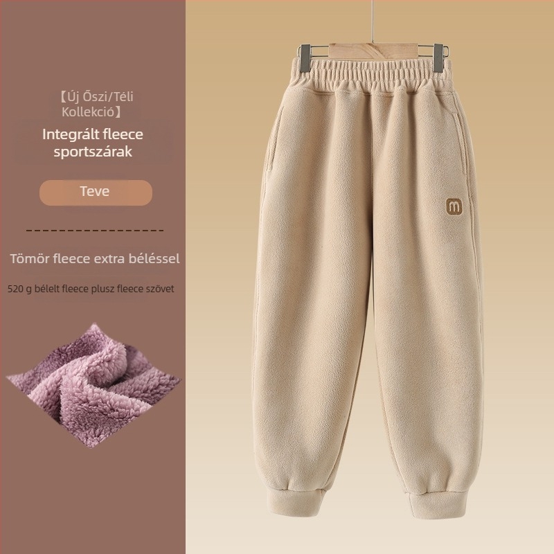 Uniszex gyerekek téli fleece-beléssel ellátott nadrág, sportos stílus, velúr anyag, 97,5% poliészter, középmagas derék
