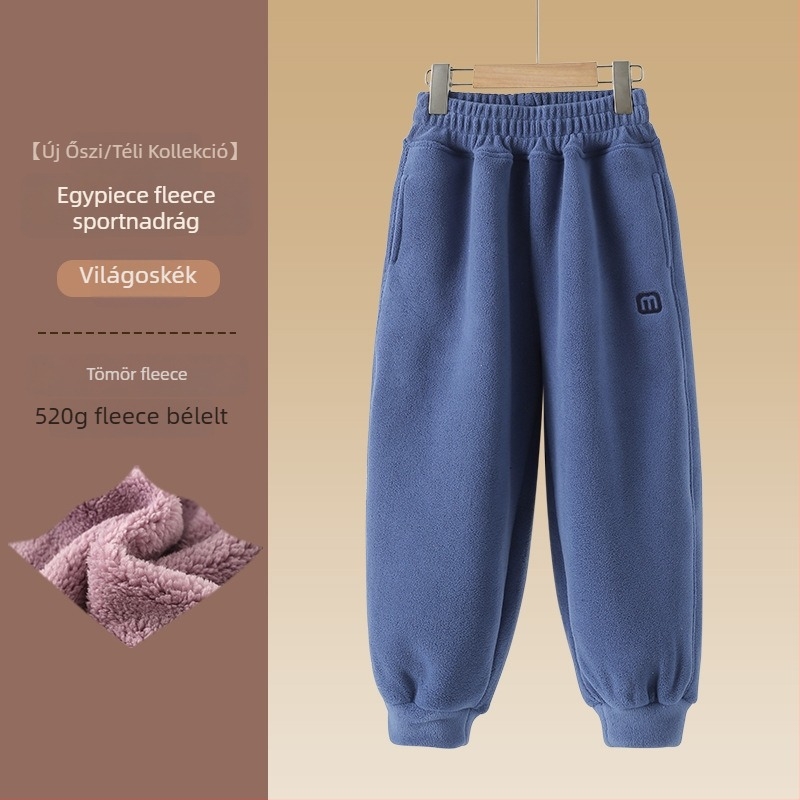 Uniszex gyerekek téli fleece-beléssel ellátott nadrág, sportos stílus, velúr anyag, 97,5% poliészter, középmagas derék