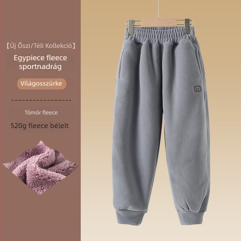 Uniszex gyerekek téli fleece-beléssel ellátott nadrág, sportos stílus, velúr anyag, 97,5% poliészter, középmagas derék