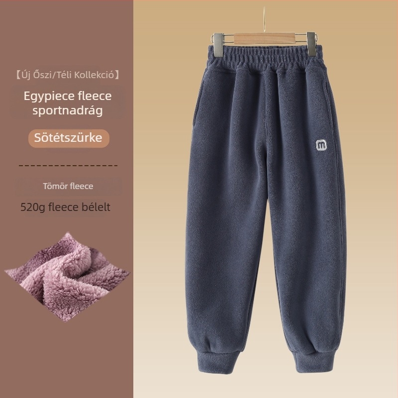 Uniszex gyerekek téli fleece-beléssel ellátott nadrág, sportos stílus, velúr anyag, 97,5% poliészter, középmagas derék