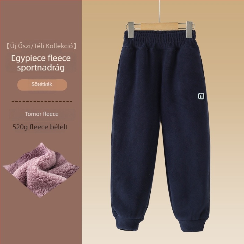 Uniszex gyerekek téli fleece-beléssel ellátott nadrág, sportos stílus, velúr anyag, 97,5% poliészter, középmagas derék